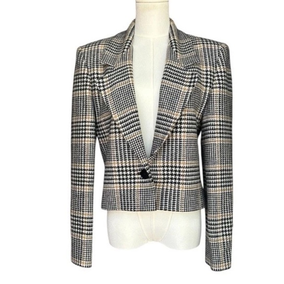 Vintage Jaeger 100% Wool Cropped Blazer Plaid Check Dark Academia Size M/L - Picture 1 of 10